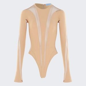 size 44 XXL Mugler Long-Sleeve Sheer Panel Bodysuit Beige Nude 01